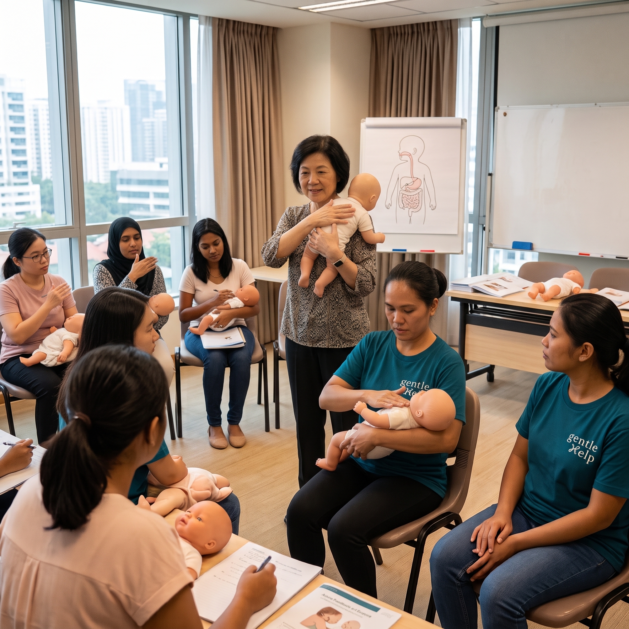 An experienced female instructor demonstrates infant burping techniques to a classroom of trainees, including domestic helpers in teal gentleHelp t-shirts practicing alongside her using baby dolls.