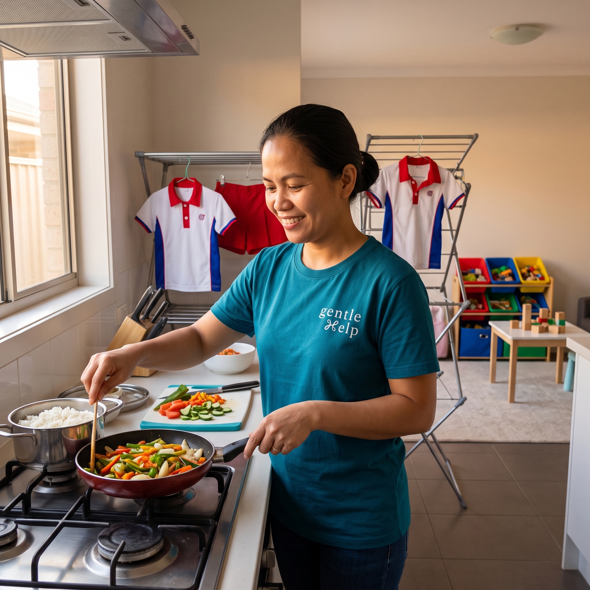 gentleHelp domestic helper managing dual household tasks by preparing a nutritious, kid-friendly meal while washed school uniforms dry in the background.