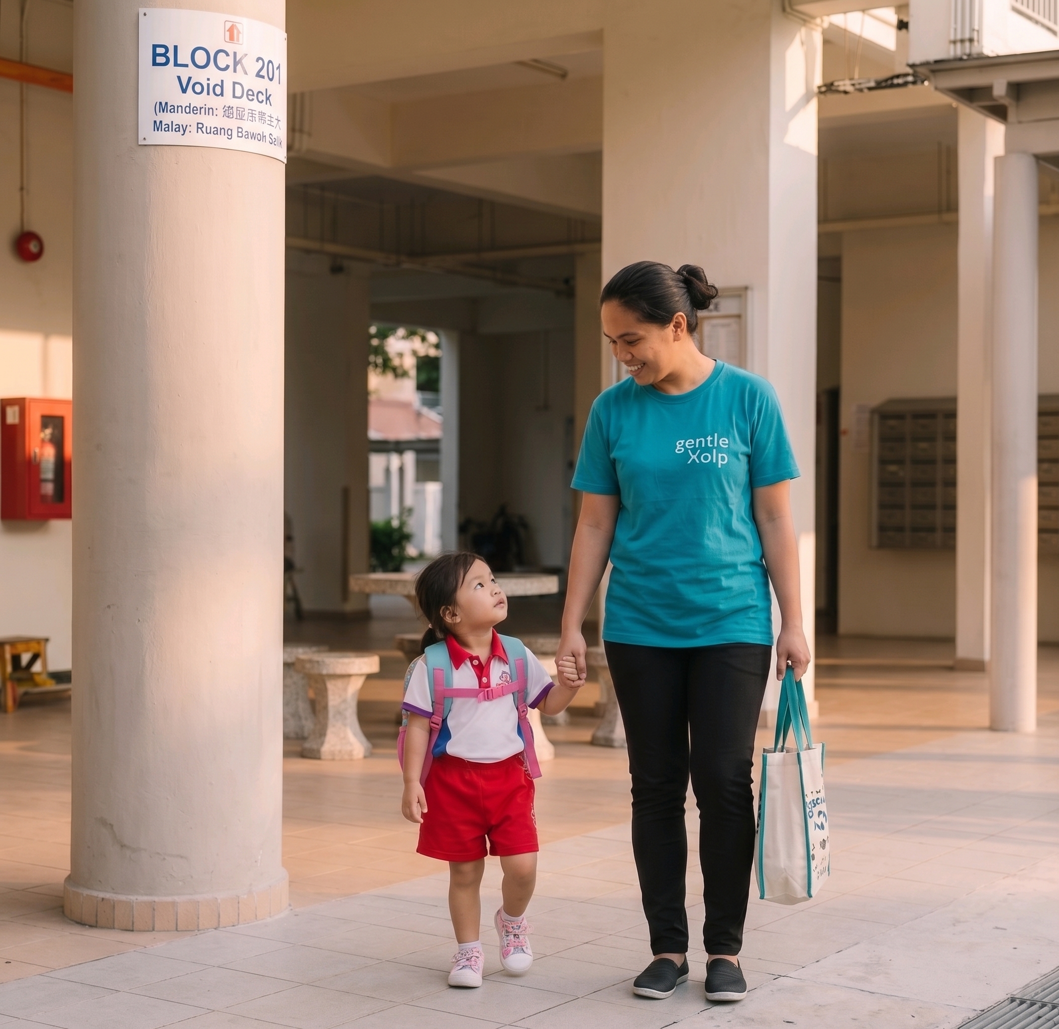gentleHelp child care helper doing a daily school run, safely holding hands with a young student walking through an HDB void deck in Singapore.