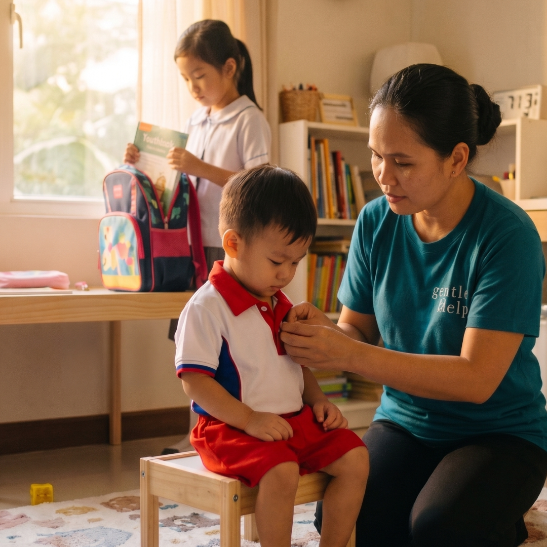gentleHelp domestic helper assisting young children with their daily morning routines, helping a toddler button his school uniform while an older sibling packs her bag.
