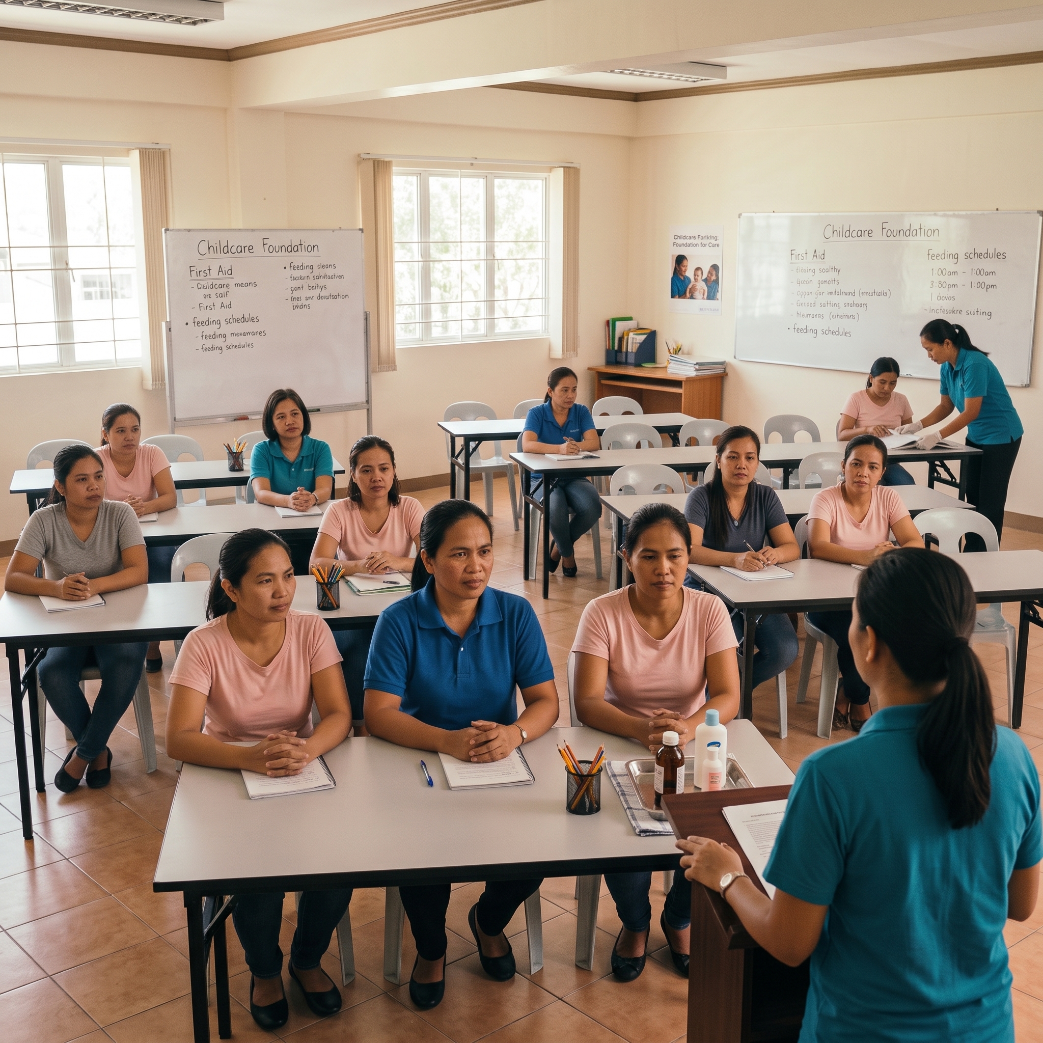 Domestic helper candidates attending formal childcare and first aid training at a training centre in their home country before deployment.