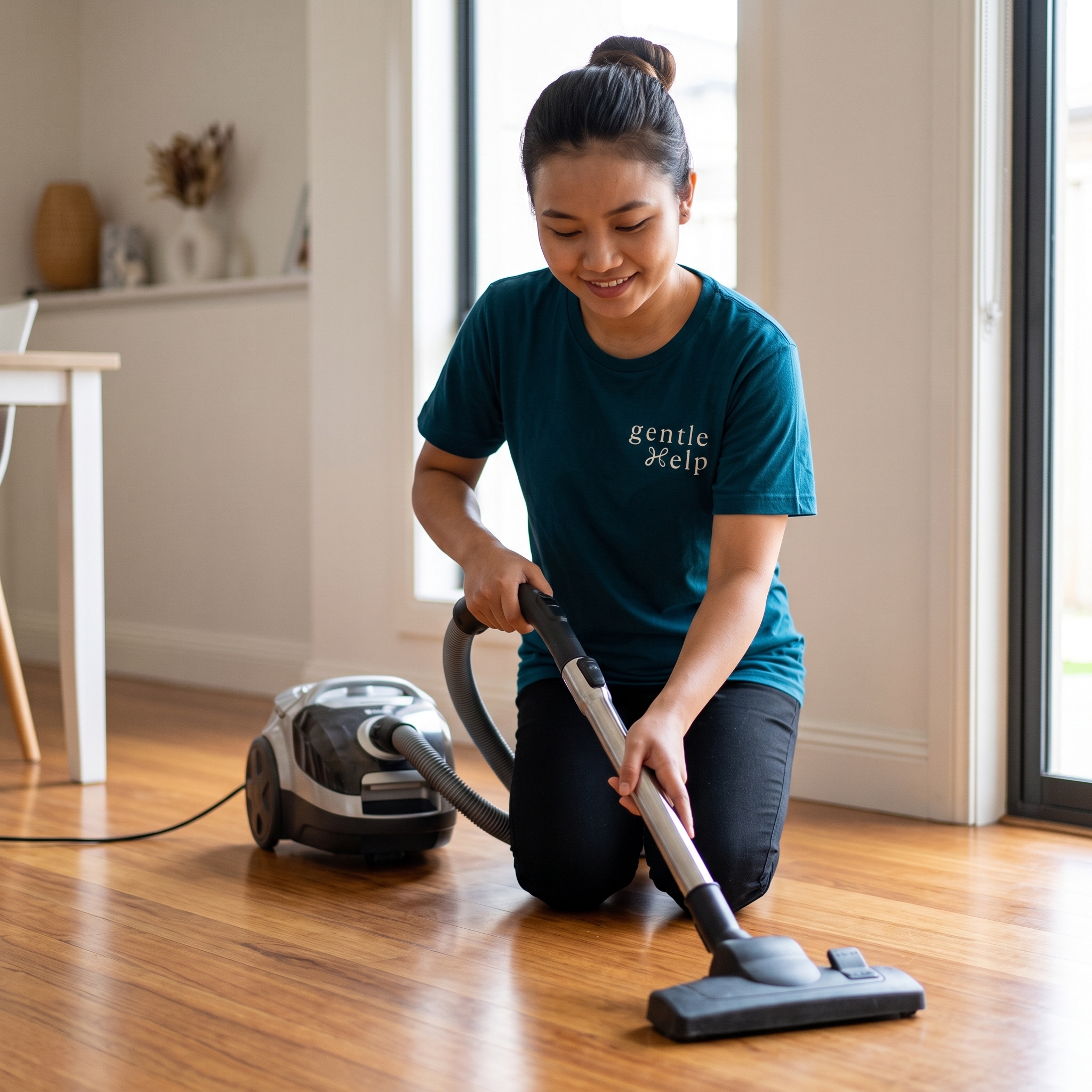 gentleHelp domestic helper vacuuming wooden floors, providing routine housekeeping and cleaning services for a spacious home.