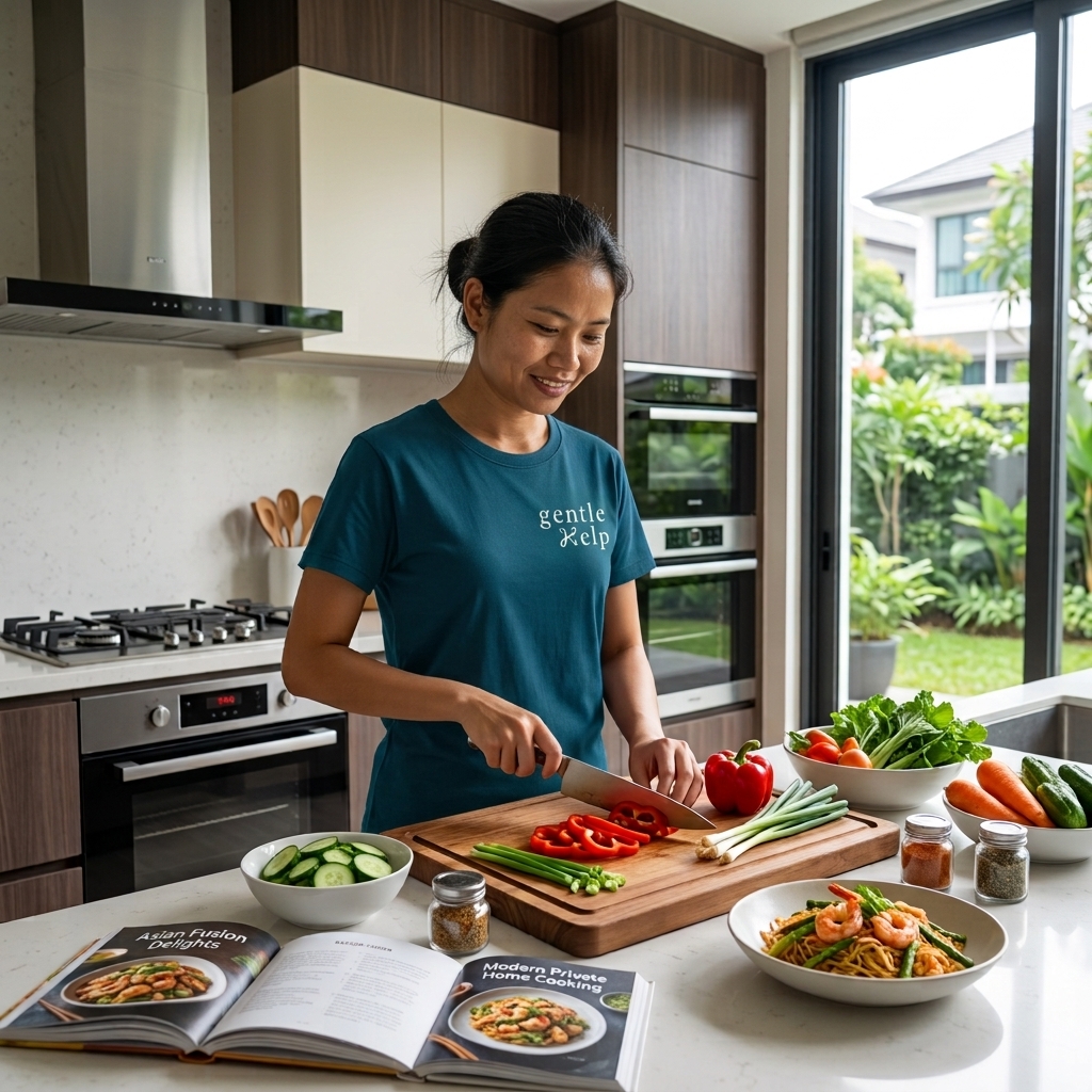 gentleHelp domestic helper chopping fresh vegetables and following a recipe book for daily meal preparation in a modern kitchen.