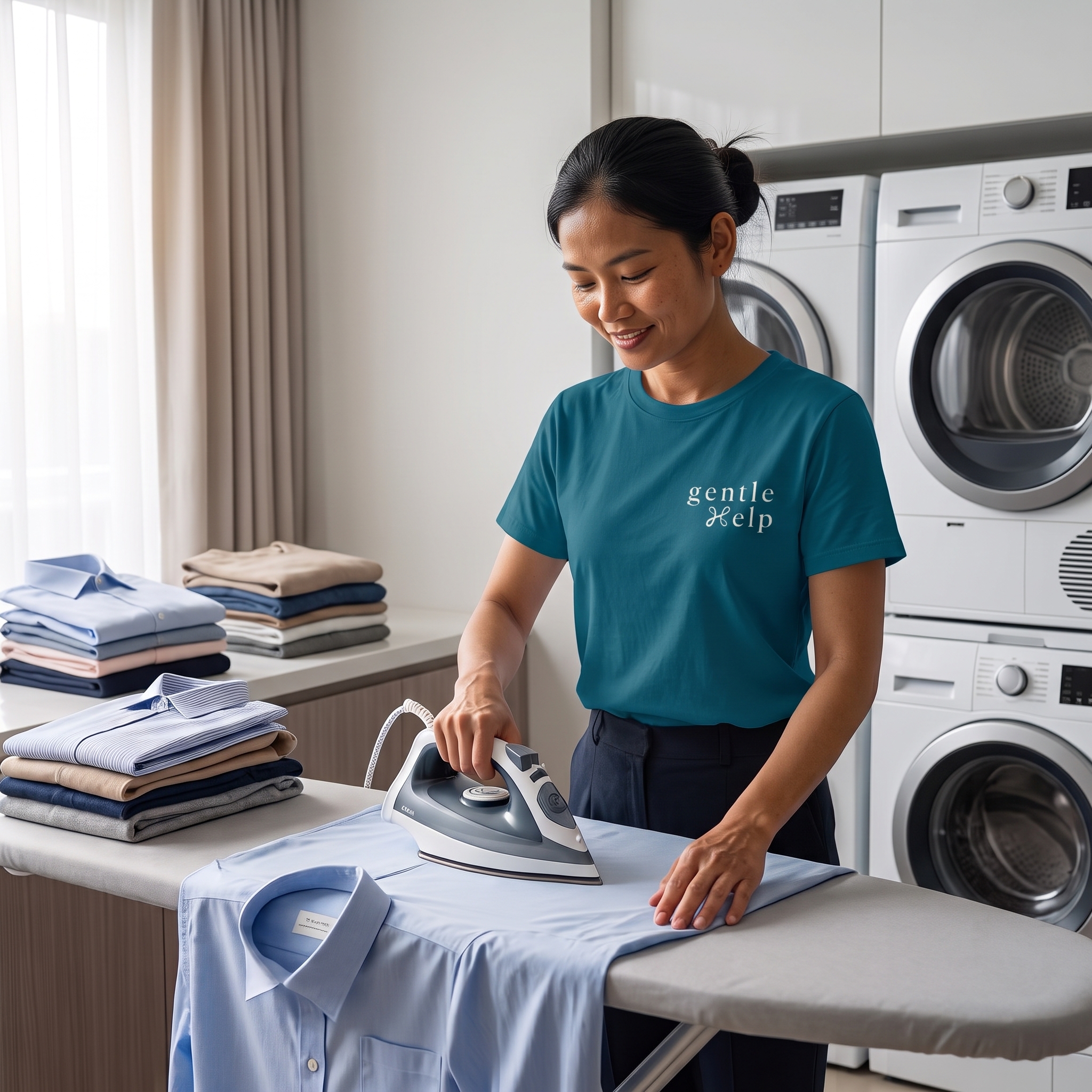 gentleHelp domestic helper ironing a work shirt in a modern laundry room, assisting a busy household with weekly laundry chores.