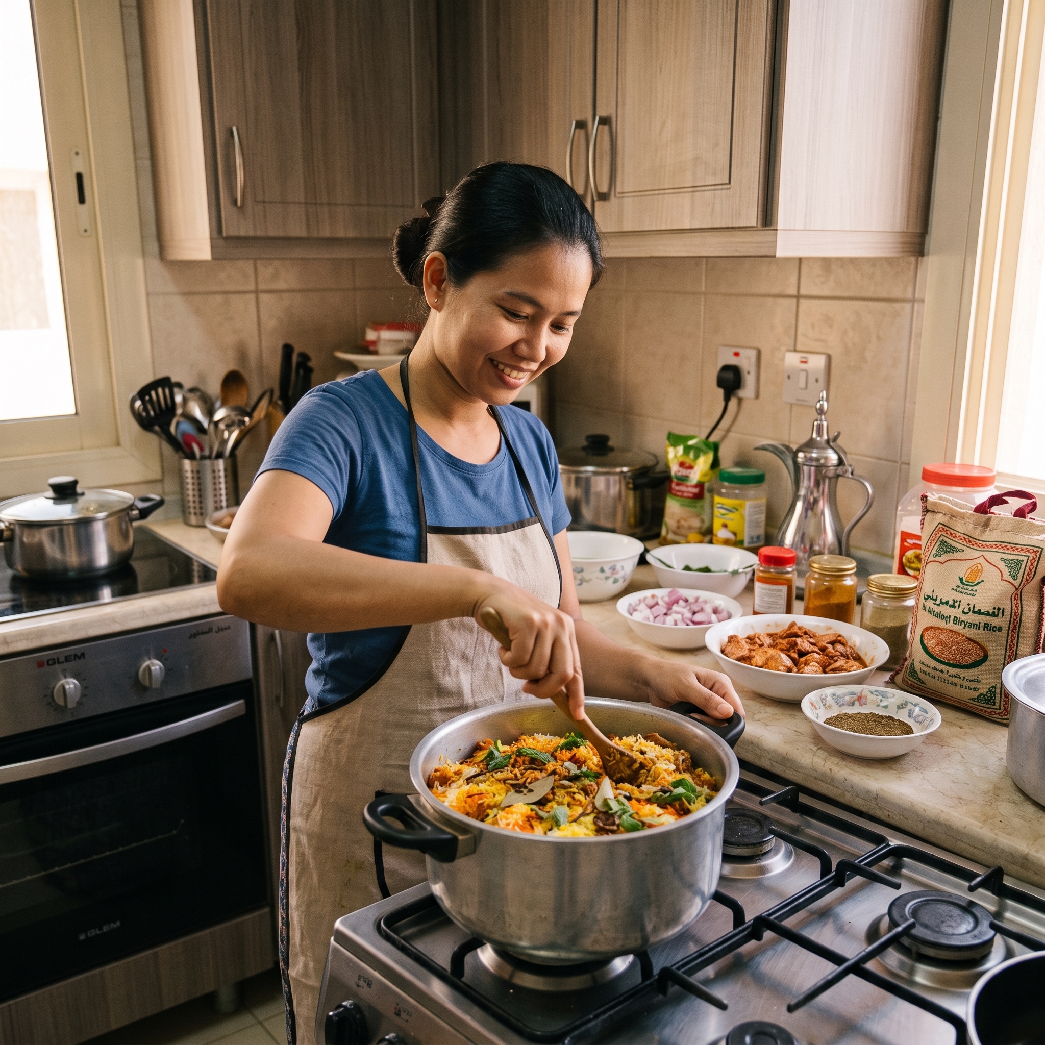 Experienced domestic helper preparing a family meal and cooking a large pot of biryani in a home kitchen.