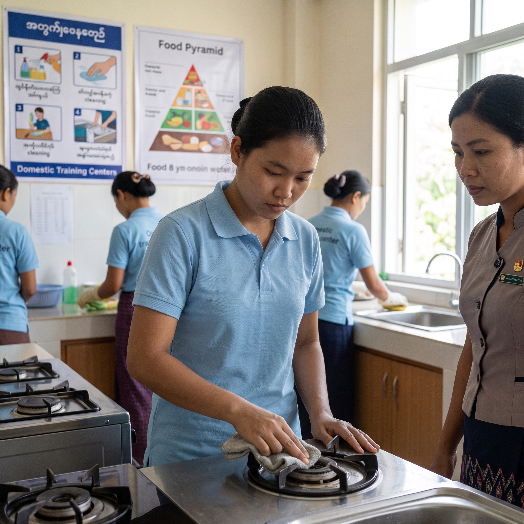 Domestic helper candidate undergoing practical kitchen cleaning and hygiene training at a training centre before deployment.