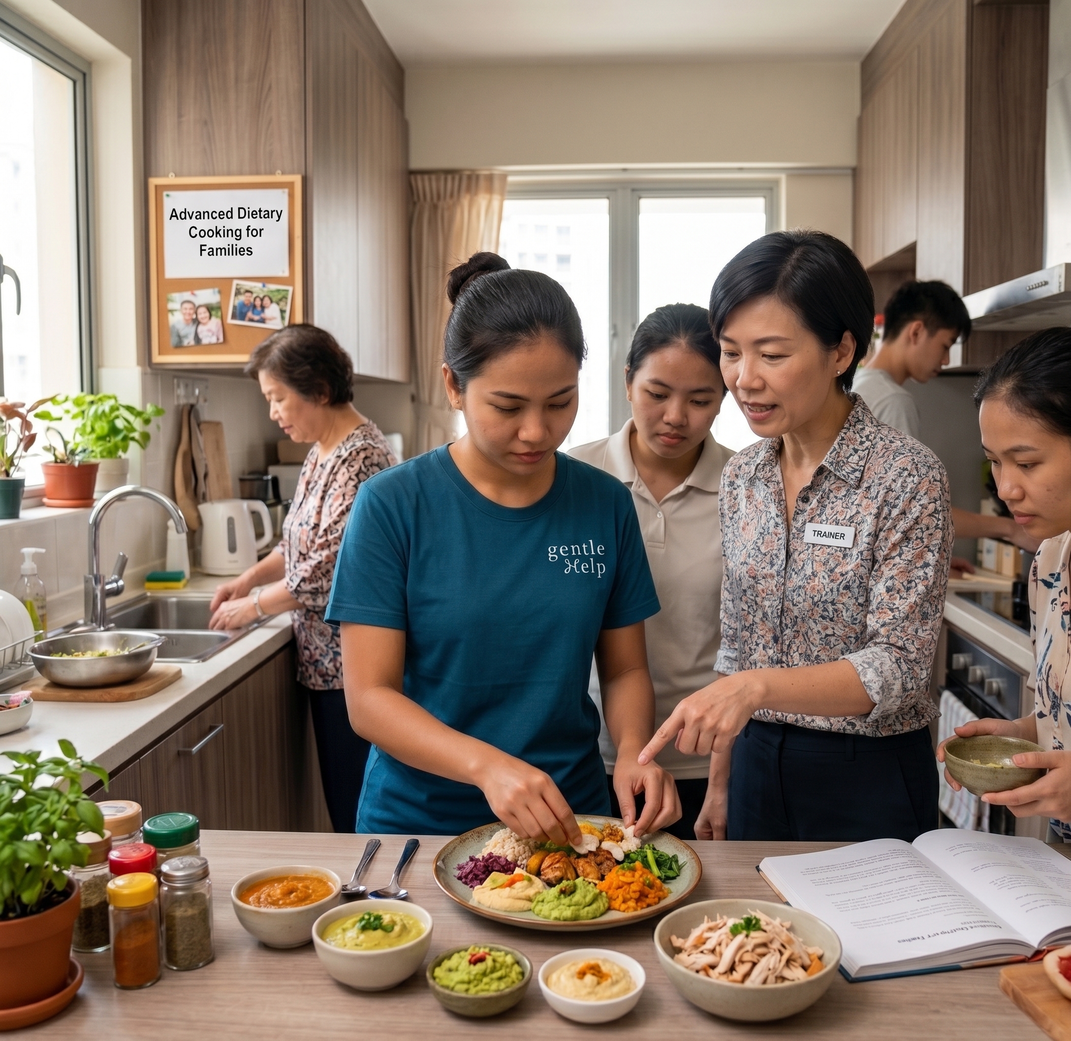 gentleHelp domestic helpers attending an advanced dietary cooking class with a trainer to prepare customized meals for specific family dietary needs.