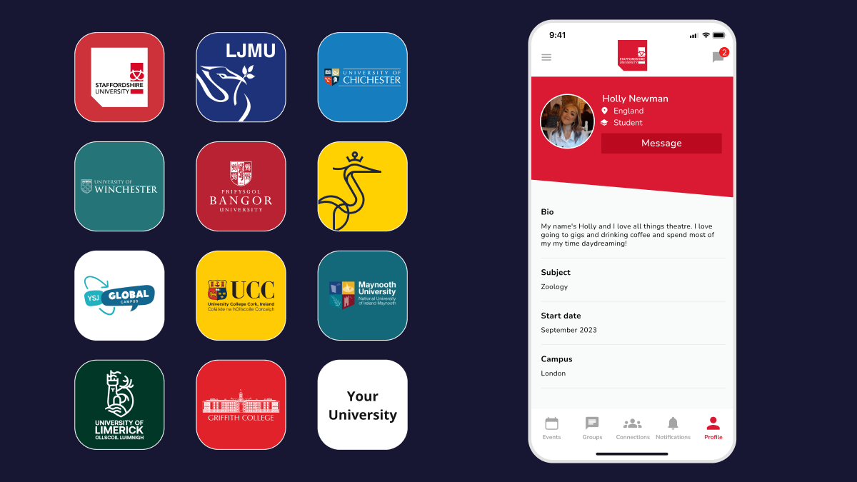 A promotional image for CampusConnect showing a dark blue background with university logos on the left and a mobile app interface on the right. Universities include Staffordshire University, Liverpool John Moores University (LJMU), University of Chichester, University of Winchester, Bangor University, University College Cork (UCC), Maynooth University, University of Limerick, Griffith College, and placeholders like "Your University" and "YSI Global Campus." On the right, a smartphone screen displays a student profile for "Holly Newman," a Zoology student from England, featuring her photo, bio, subject, start date (September 2023), and campus (London), with app navigation icons at the bottom.