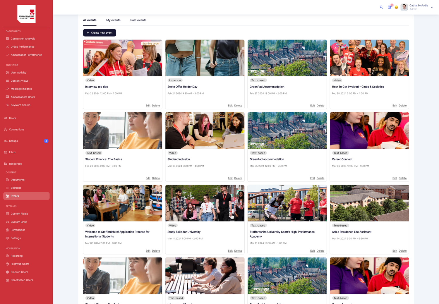 Staffordshire University campus connect platform showcasing the events feature.