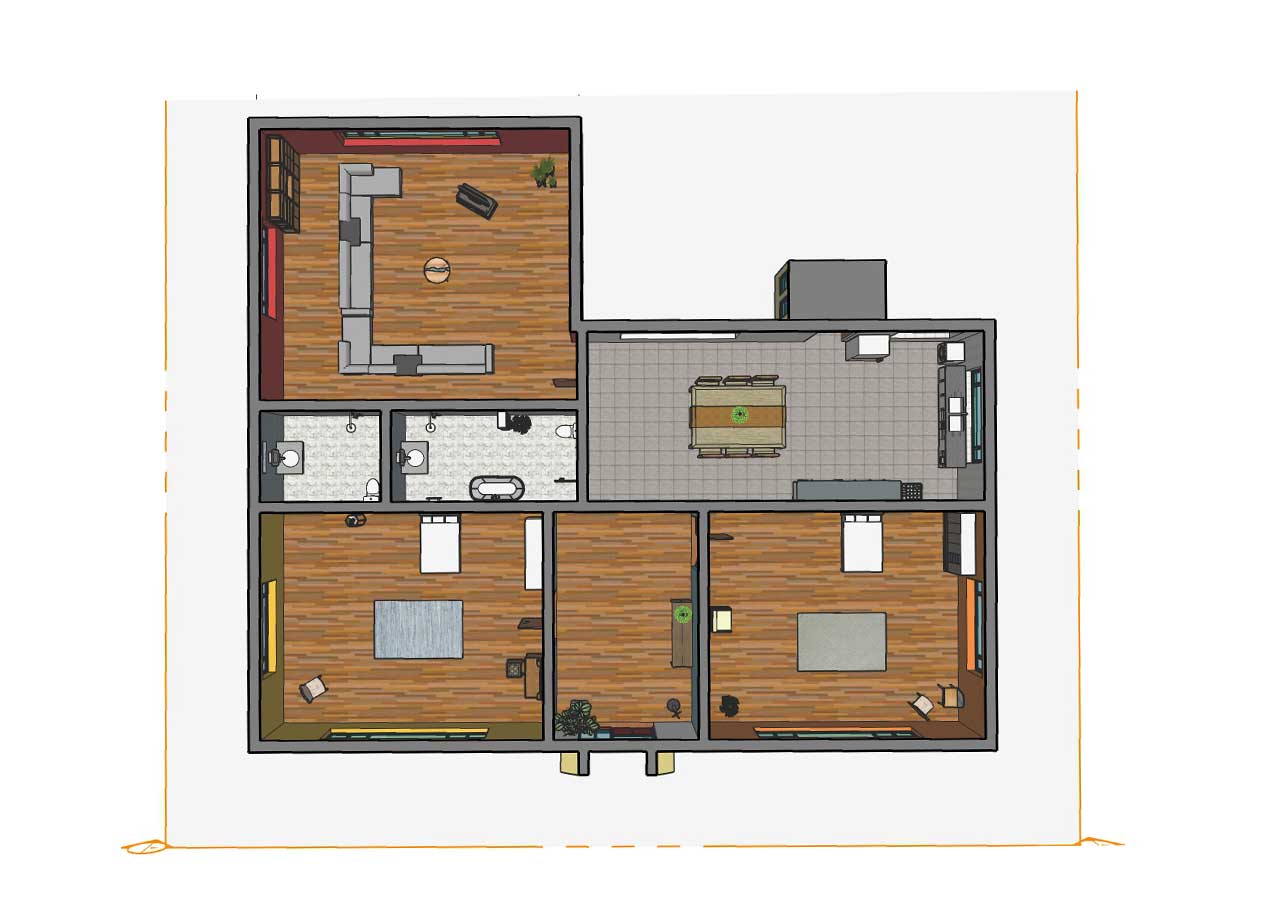 A colour top view 3D ground floor house plan with materials added, wooden floors, beds, and furniture.