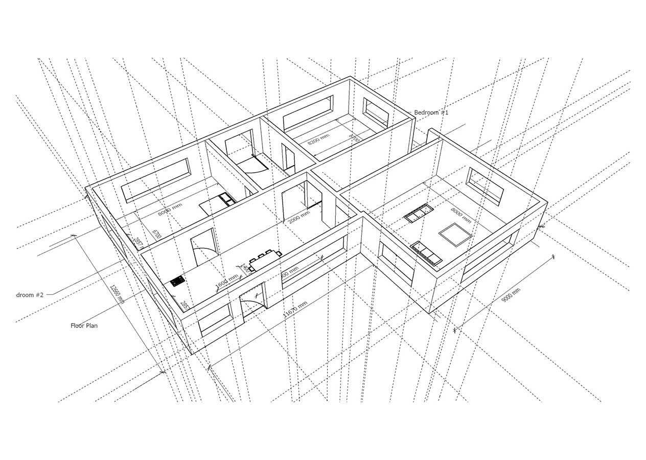 A mono colour perspective view ground floor house plan created in SketchUp 3D