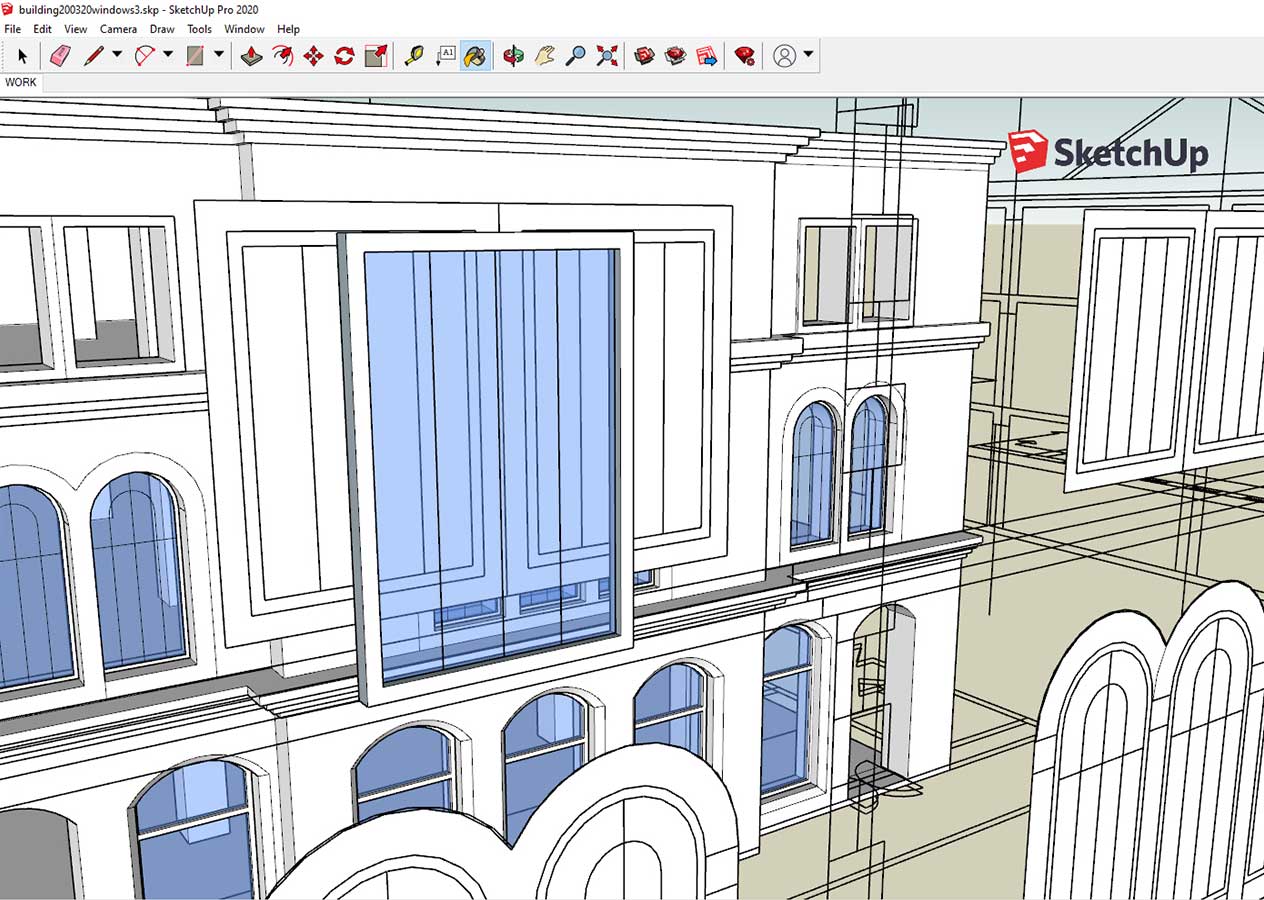 A half completed 3D SketchUp drawing of a listed building, placing the windows in situation.
