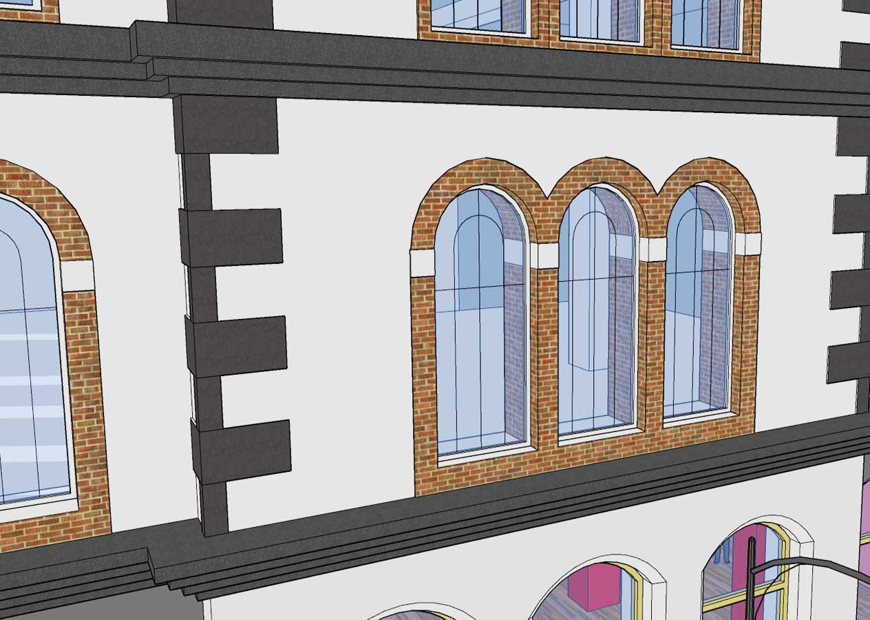 A completed 3D SketchUp drawing of a listed building, with white walls and brickwork around curved windows.