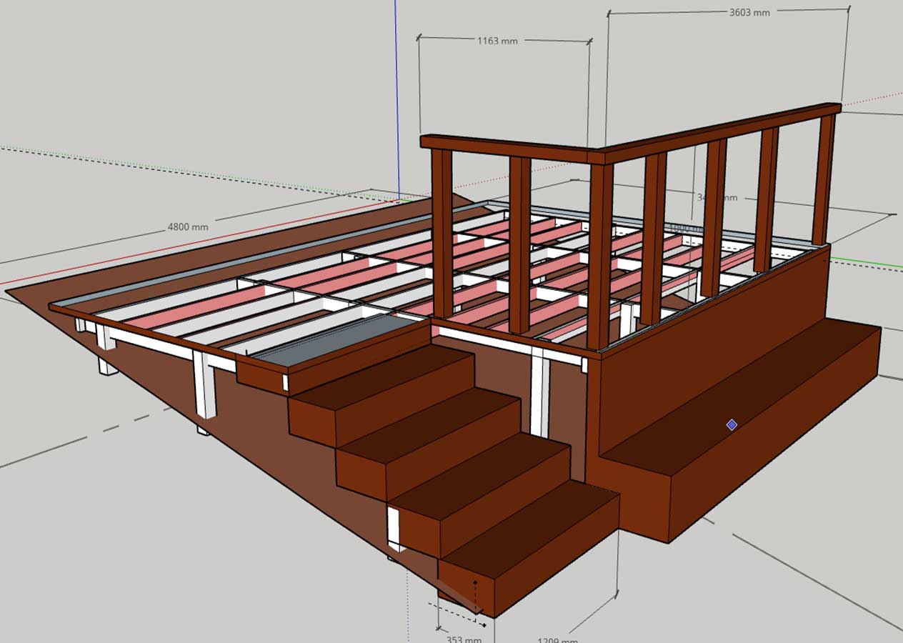 A raised decking 3D SketchUp model with a front railing and steps in the left side.