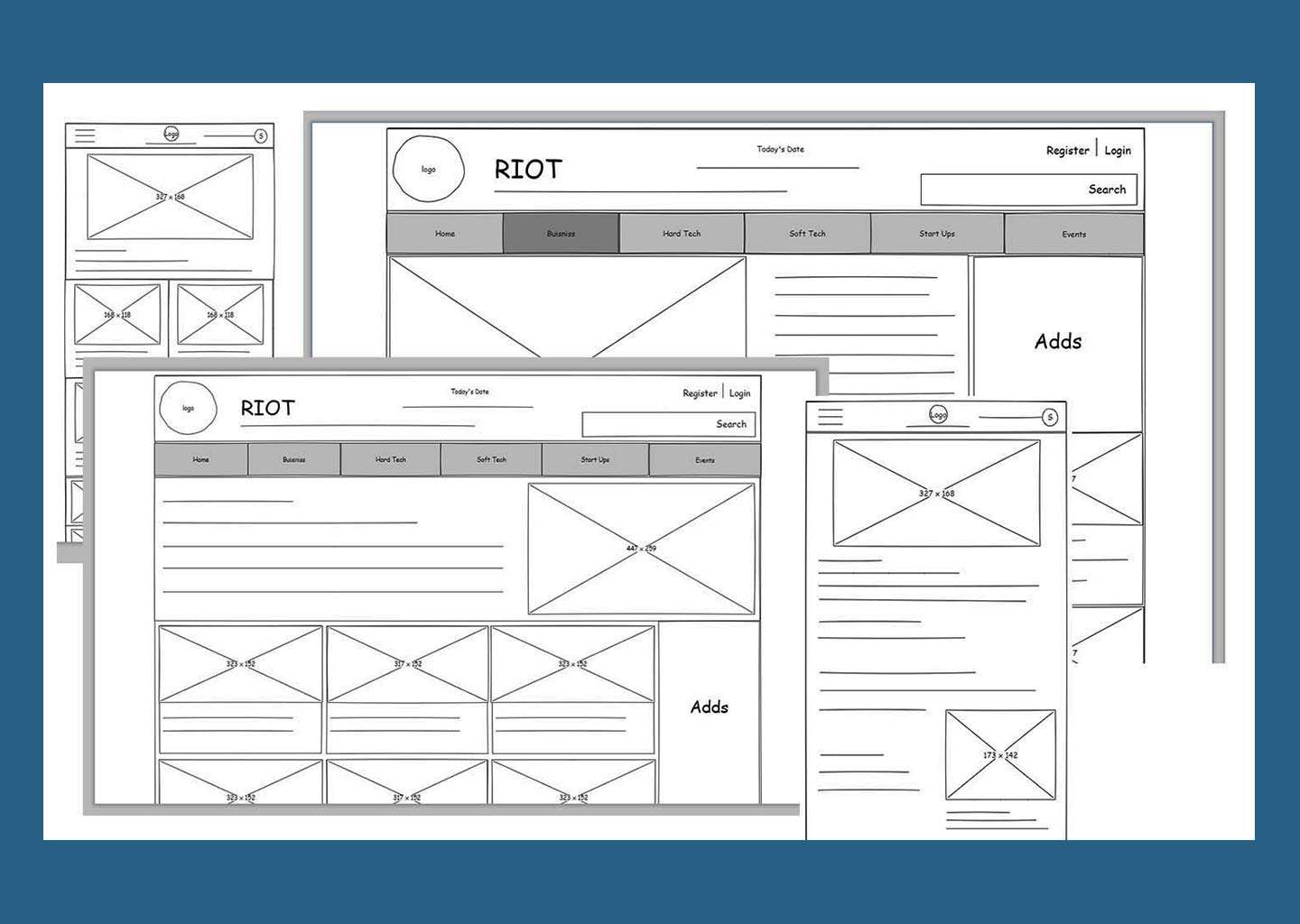 Website design wireframes showing layout on all devices.