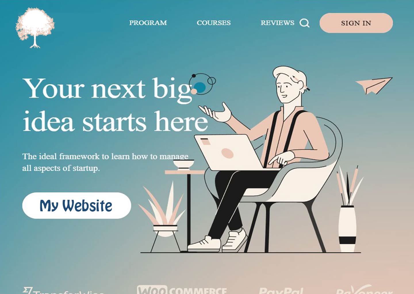 A website landing page with illustrations and call-to-action objects.