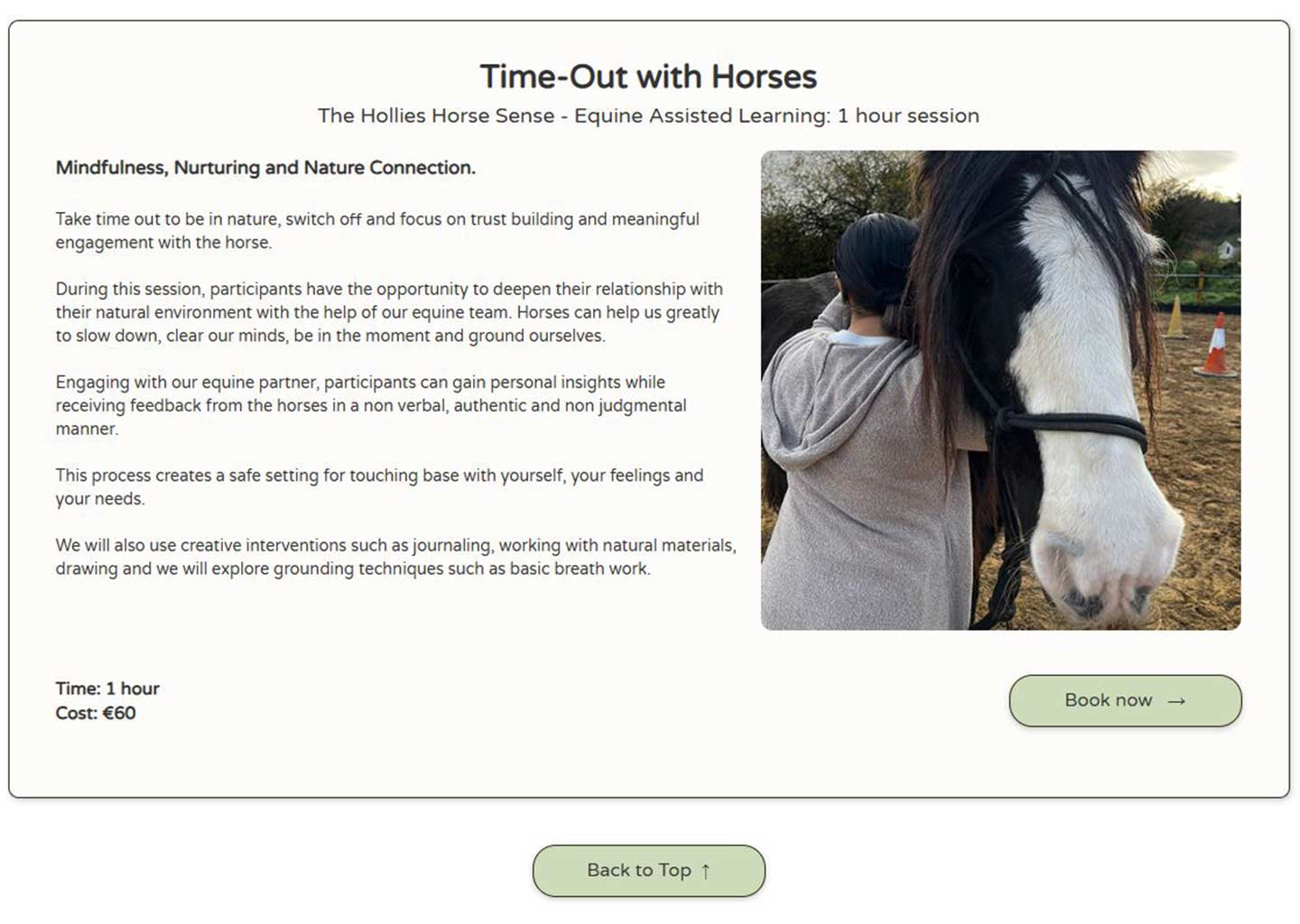 A section of a website page where a user can book an appointment for an Equine therapy session.