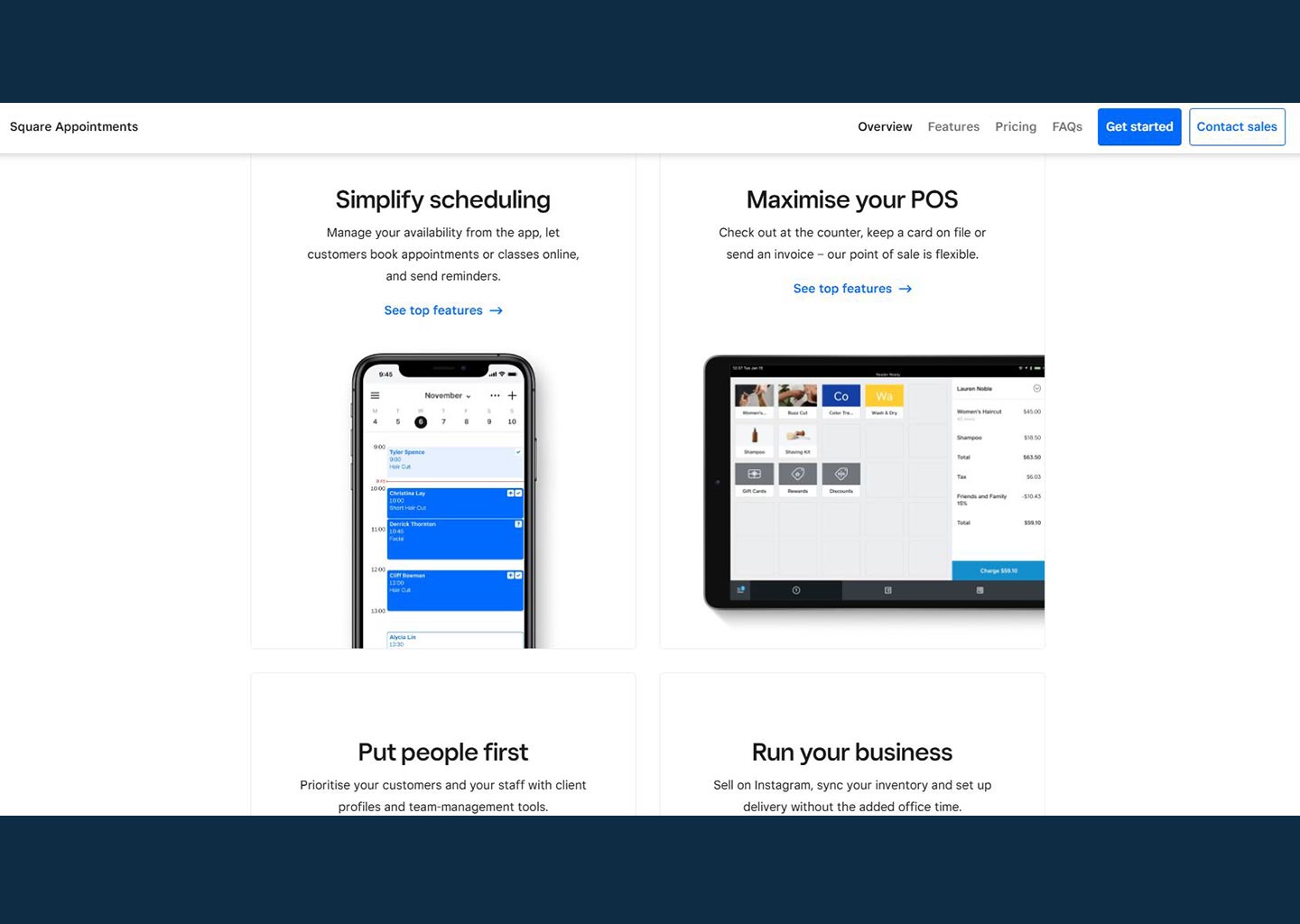 Home page of online booking platform,  Square.