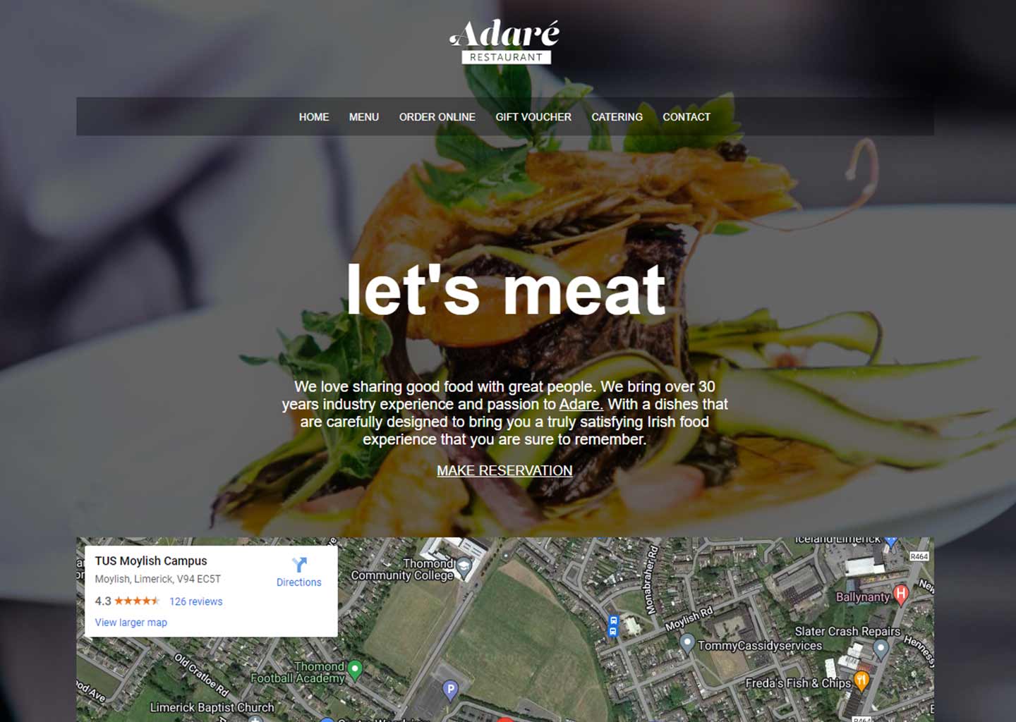 A website for a restaurant in Adare county Limerick called "Let's Meat"