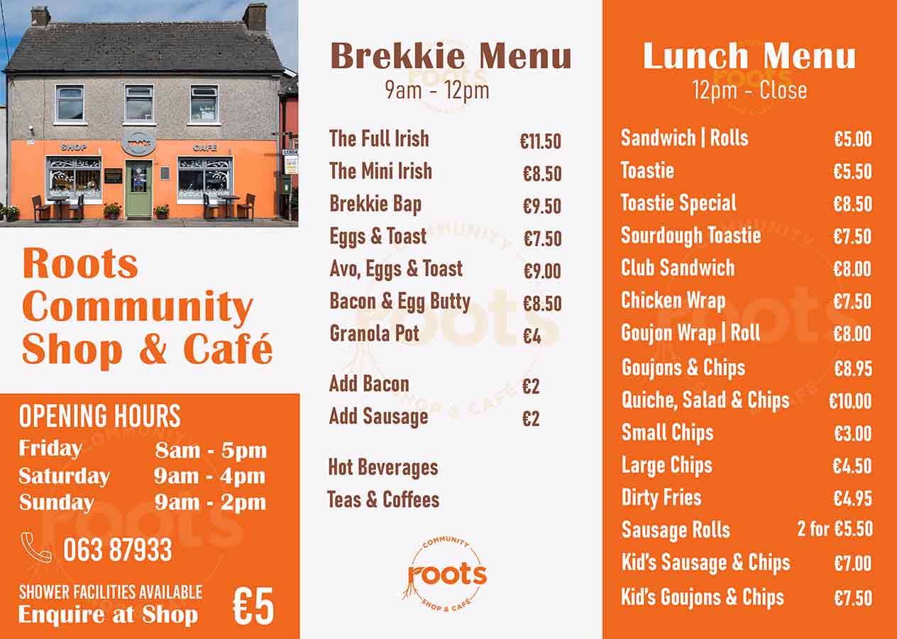 A menu for Roots Shop & Café in branded colours