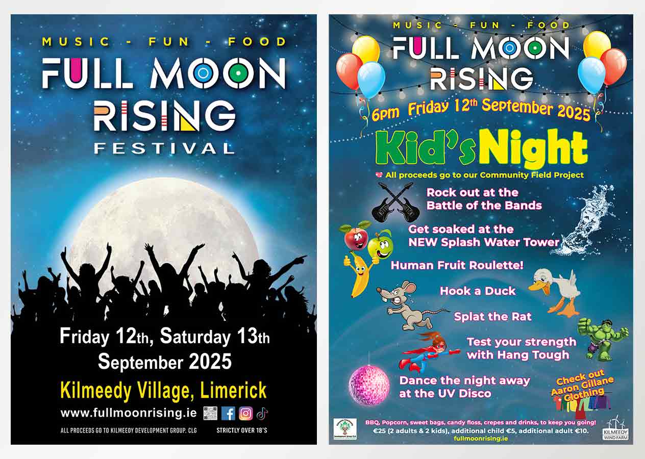 Posters created to promote the Full Moon Rising Music Festival held in Kilmeedy