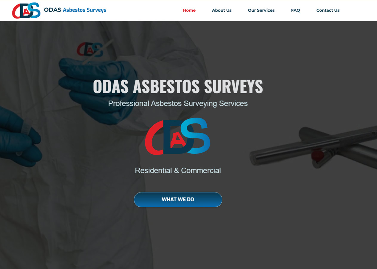 Website header for ODAS Asbestos Surveys showing a person in protective gear with blue gloves holding sampling tools, the company logo, and navigation links including Home, About Us, Our Services, FAQ, and Contact Us.