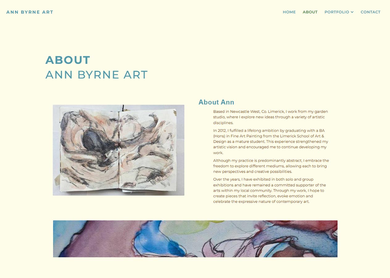About page of Ann Byrne Art website with an abstract sketch open in a book on the left and text about Ann Byrne's background and artistic practice on the right, describing her work from her garden studio in Newcastle West, Co. Limerick, her Fine Art Painting degree, and her abstract art approach.