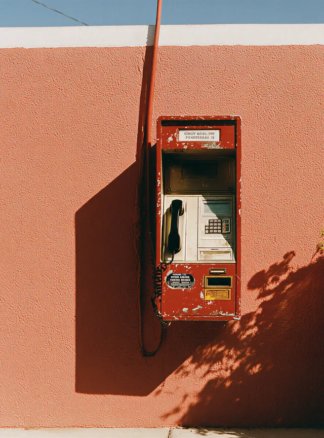 Vintage red payphone mounted on a terracotta wall