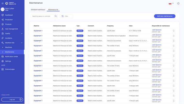 Maintenance history screen