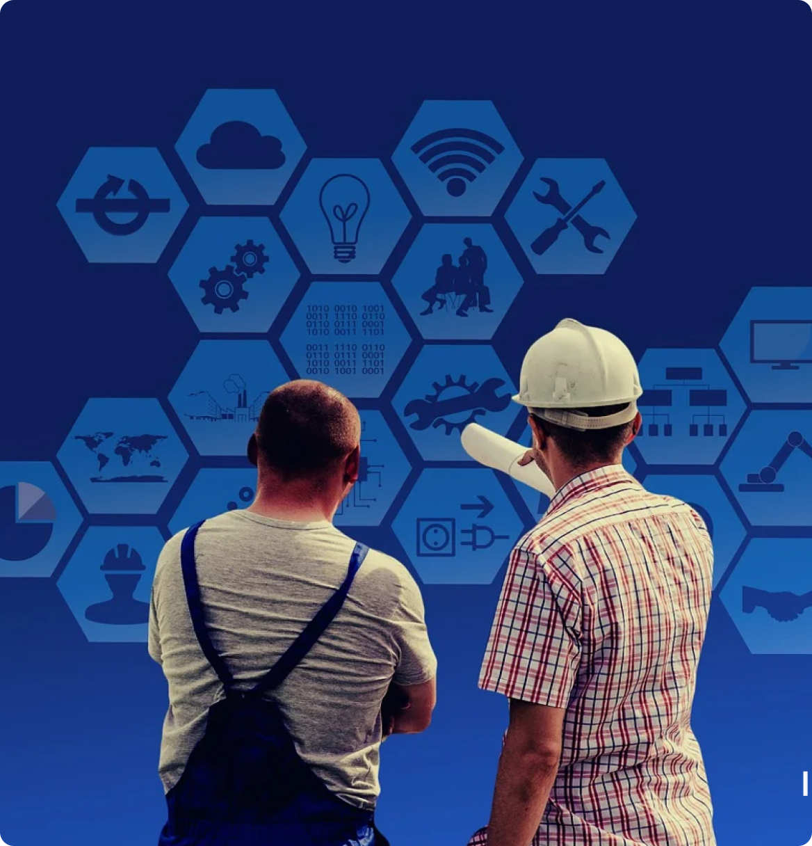 Two people in work attire look at a digital screen with hexagonal icons representing technology and industry.