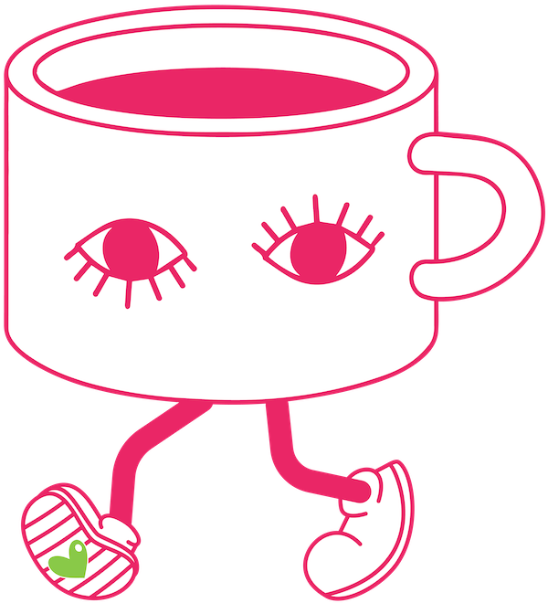 A pink mug with cute eyes and legs