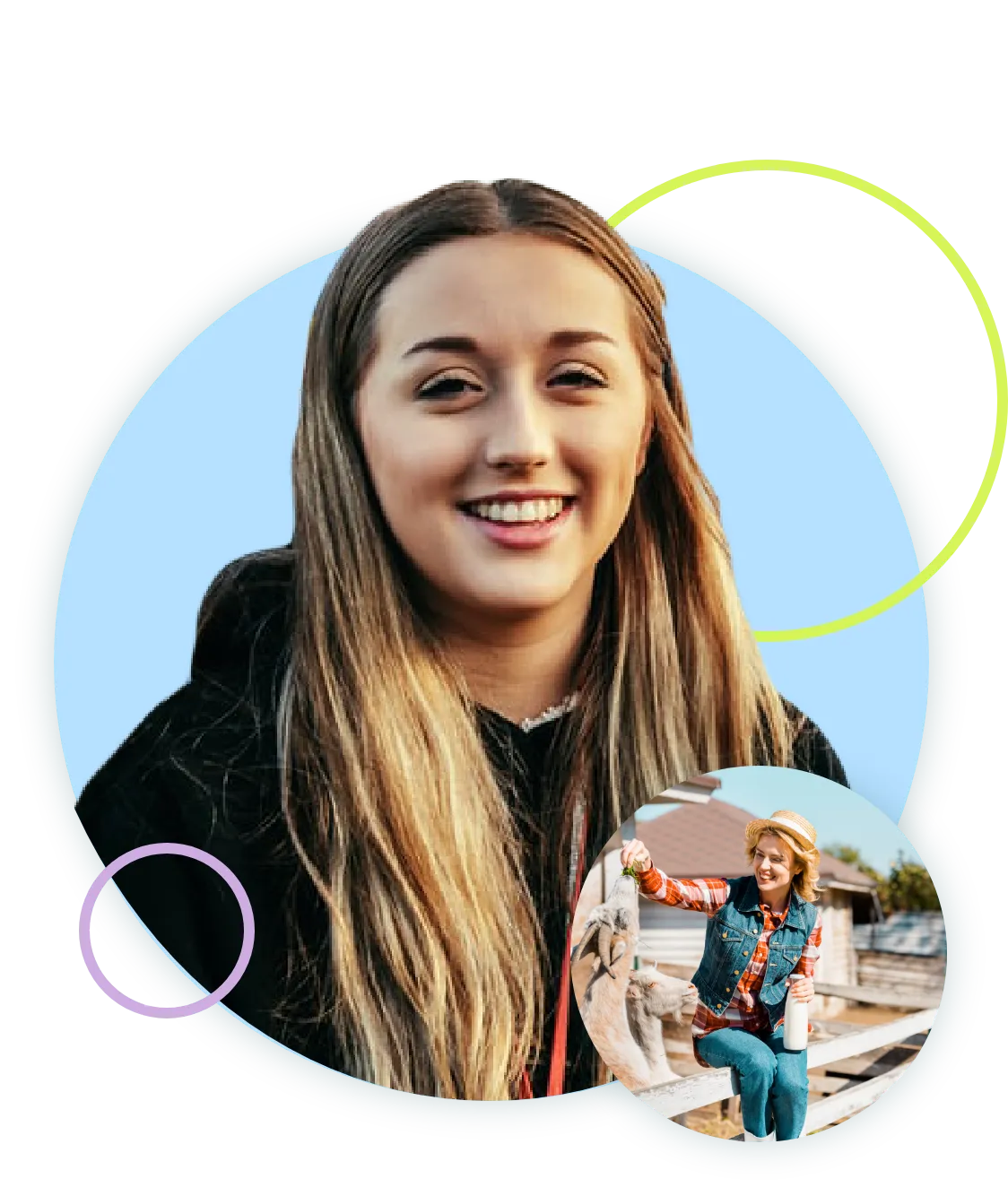 Smiling young woman, with an inset photo of a woman sitting on a farm fence