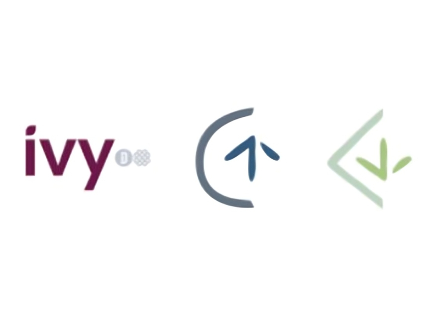 Three stylized ivy-themed logos in purple, blue, and green on a white background.