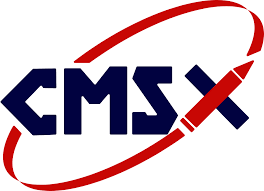 CMSX logo featuring bold navy blue letters with a red swoosh encircling the design and a pen integrated into the letter X.
