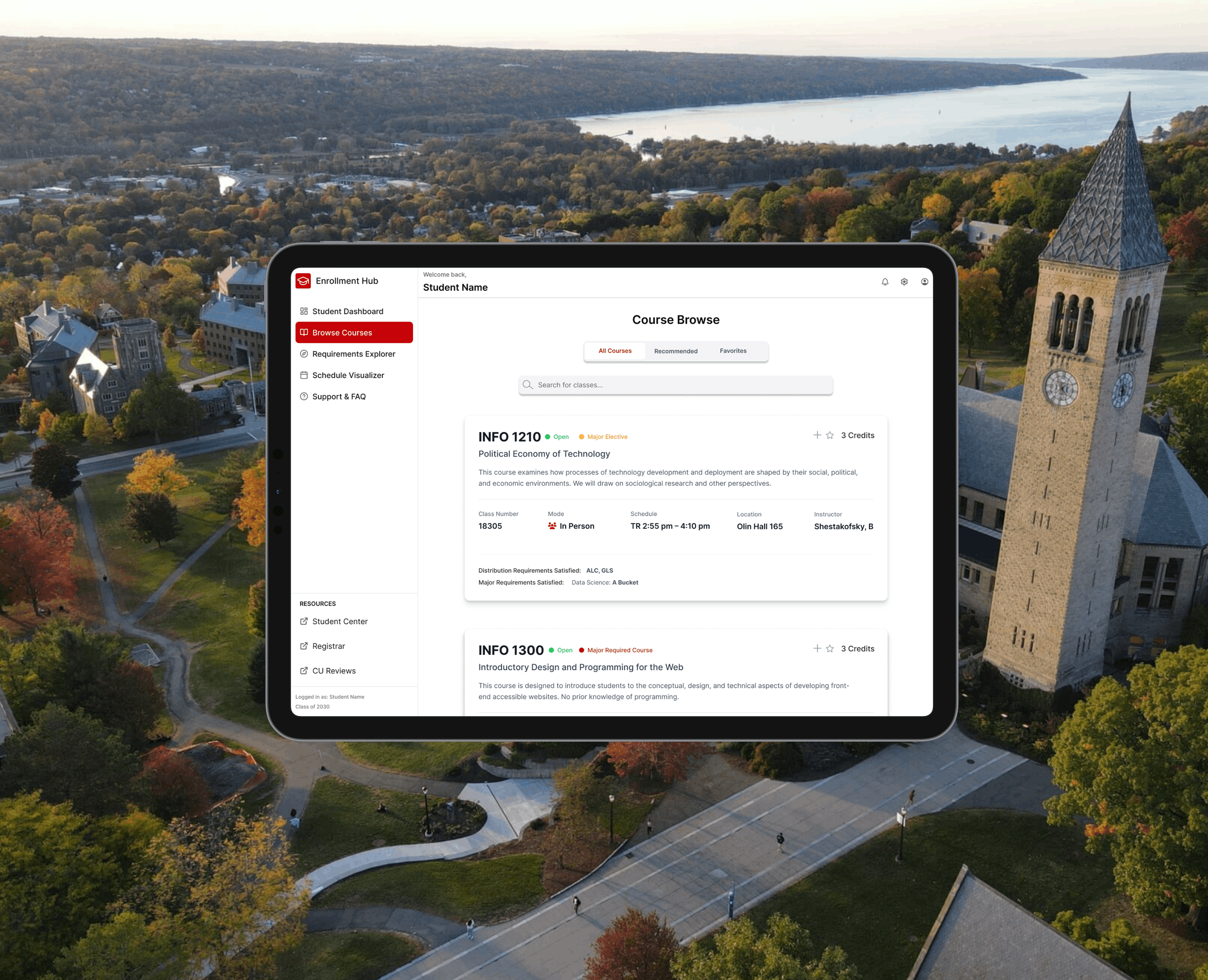 Tablet displaying a course browsing interface over a university campus aerial view with a clock tower and autumn trees.