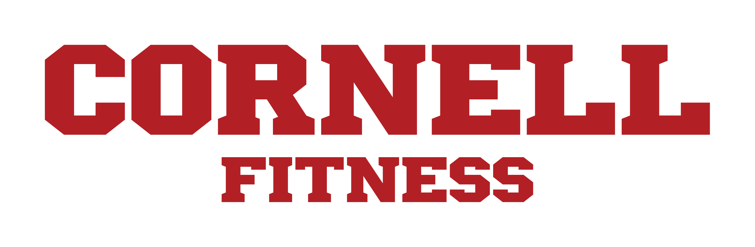 Cornell Fitness wordmark in bold carnelian red uppercase letters on black background.