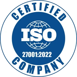 Blue and white circular badge with globe lines, text ISO 27001:2022 in center, and CERTIFIED COMPANY around the edge.