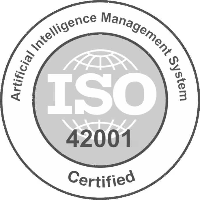 ISO 42001 certified badge for Artificial Intelligence Management System with globe design background.