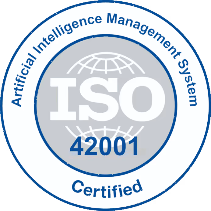 ISO 42001 certified badge for Artificial Intelligence Management System with globe design background.