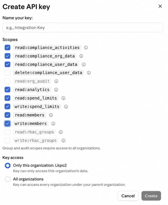 Create API key dialog in claude.ai with compliance scopes selected