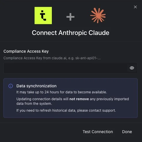 Connect Anthropic Claude dialog with the Compliance Access Key field