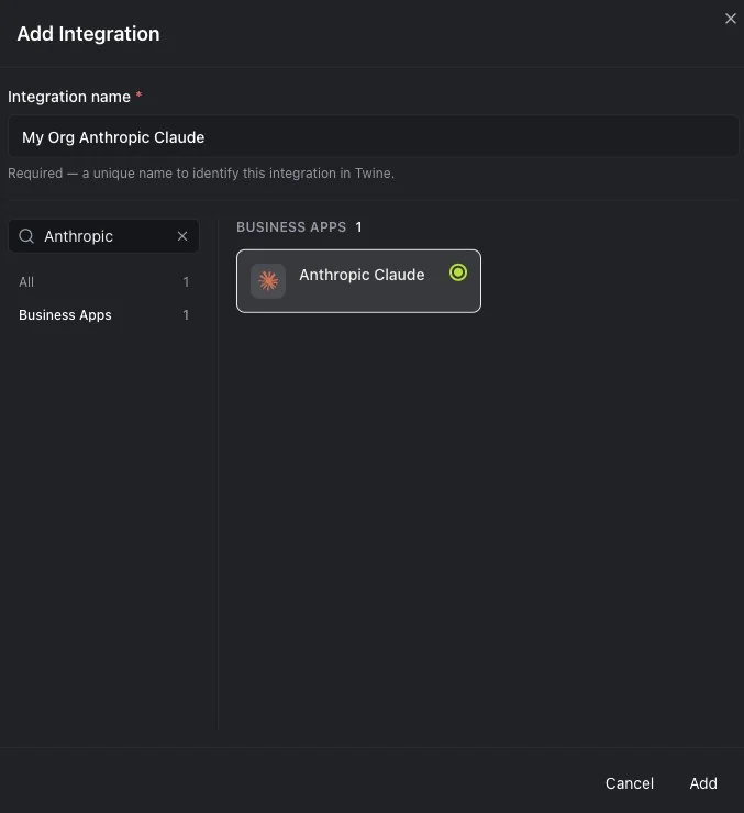 Add Integration dialog in Twine with Anthropic Claude selected