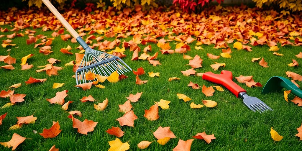 Colorful autumn lawn with leaves and garden tools.