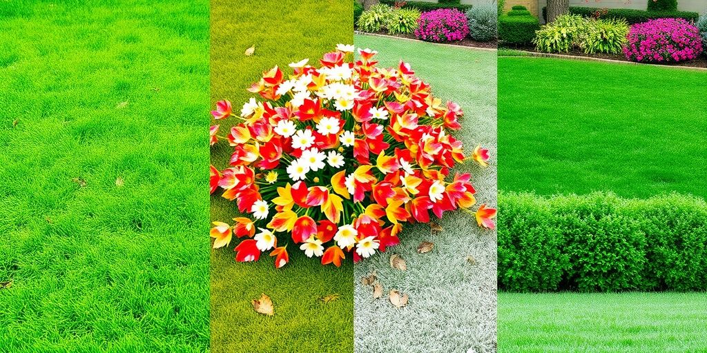 A seasonal lawn showing spring, summer, autumn, and winter.