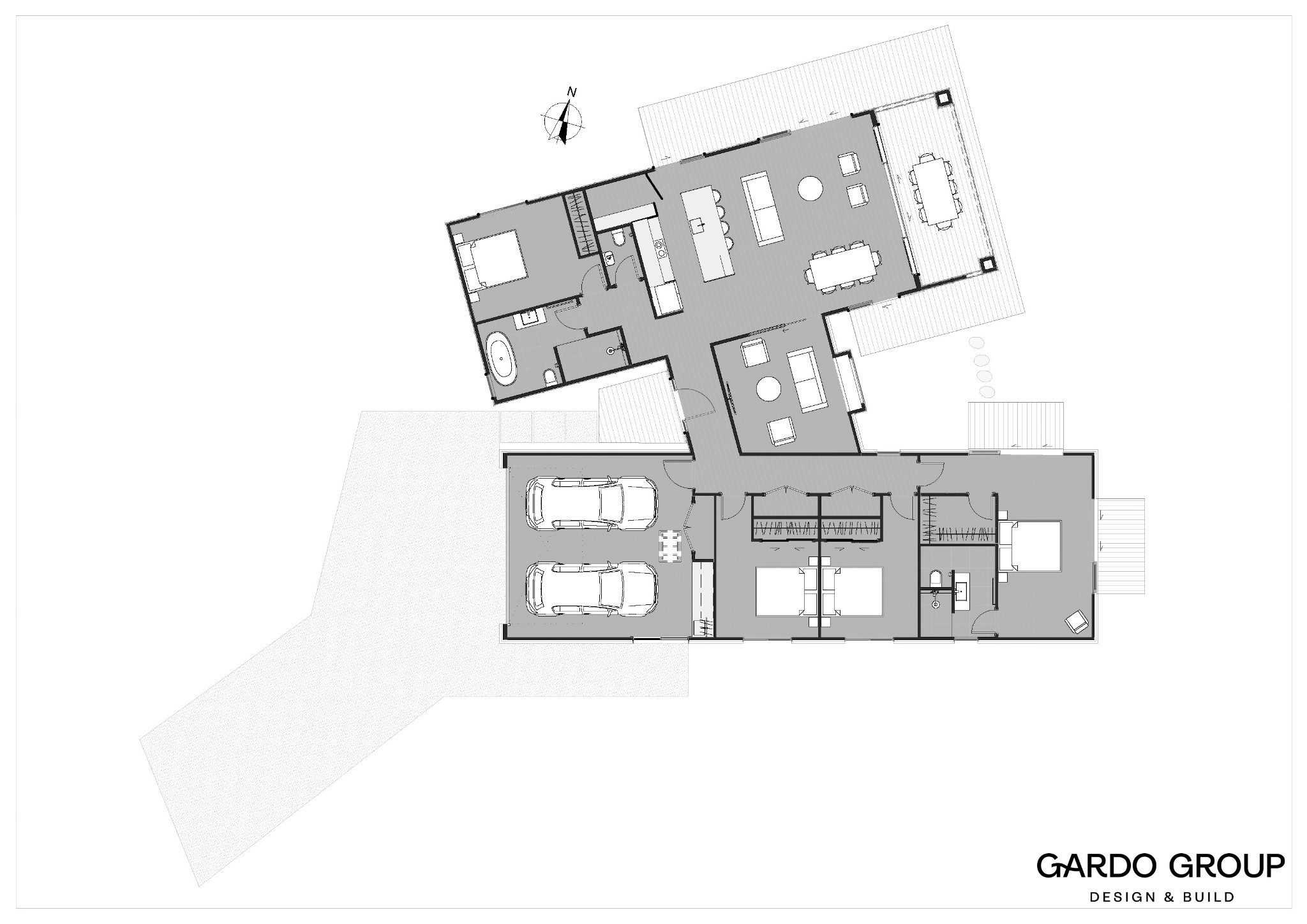 Architectural floor plan showing multi-wing custom home layout with bedroom wing living areas and outdoor spaces designed by Gardo Group Tauranga