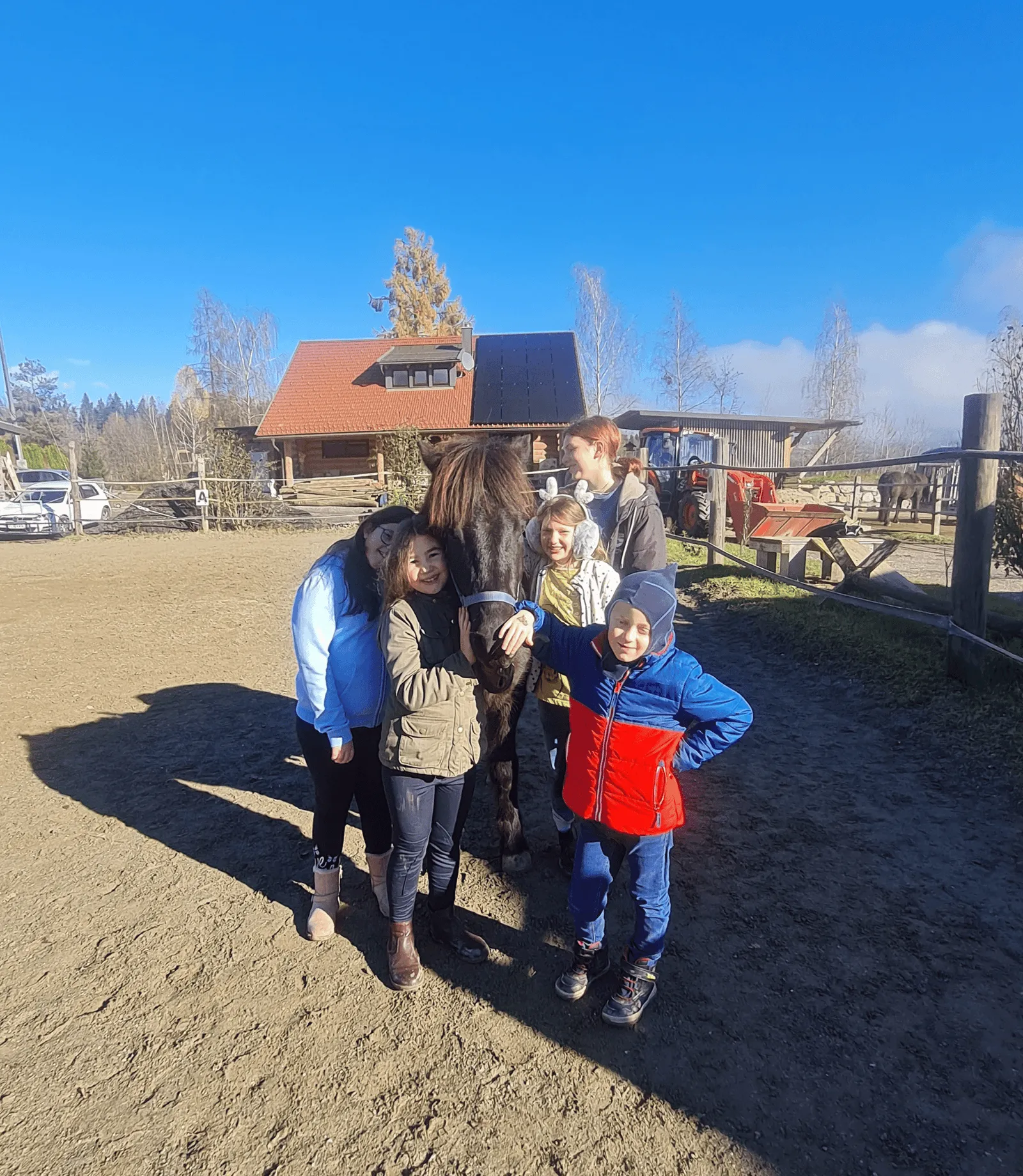 The team of the horse stable stands together around a horse, highlighting their unity and shared passion for equine care.