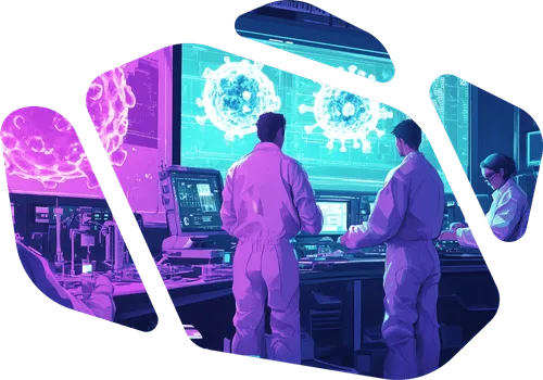Futuristic illustration of two scientists standing in a lab setting, looking at computer screens