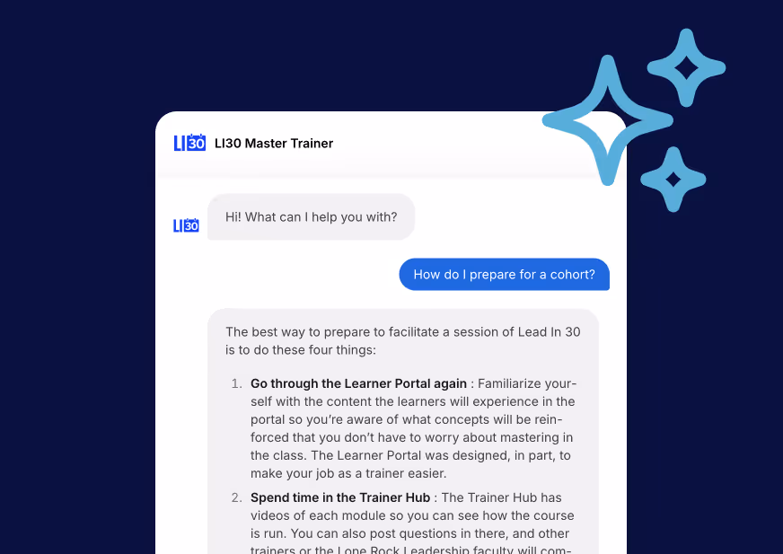 Chat interface with LI30 Master Trainer discussing how to prepare for a cohort by reviewing the Learner Portal and Trainer Hub.