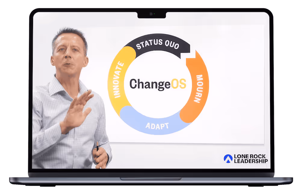 Man presenting in front of a screen showing a circular diagram with segments labeled Status Quo, Mourn, Adapt, and Innovate around the word ChangeOS, with Lone Rock Leadership logo in the corner.