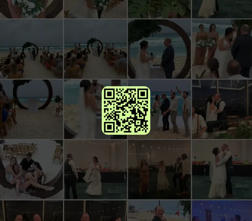 An online wedding photo gallery grid with a QR Code in the middle